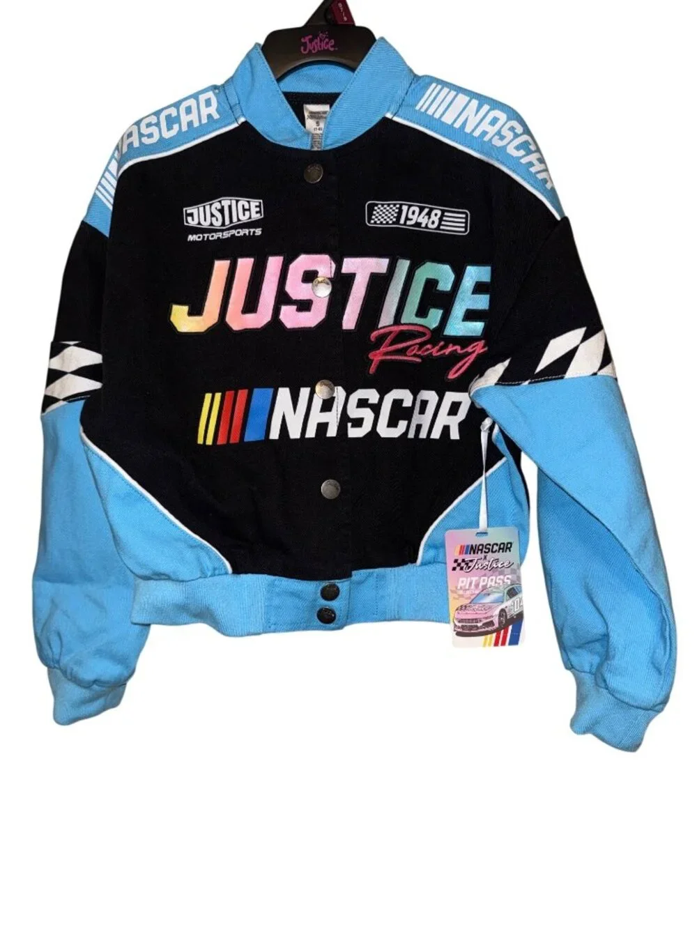 NASCAR X Justice Girls Racing Jacket Black & Blue Snap Closure Size S (7-8) Cott